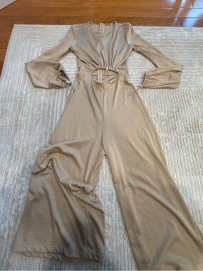 Zara Beige Long-Sleeve Wide-Leg Culotte Jumpsuit with Waist Cutout